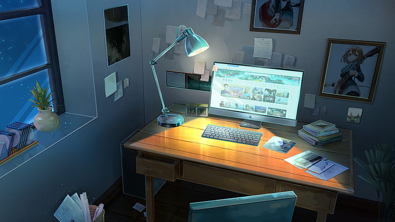 Anime, Original, Computer, Night, HD wallpaper