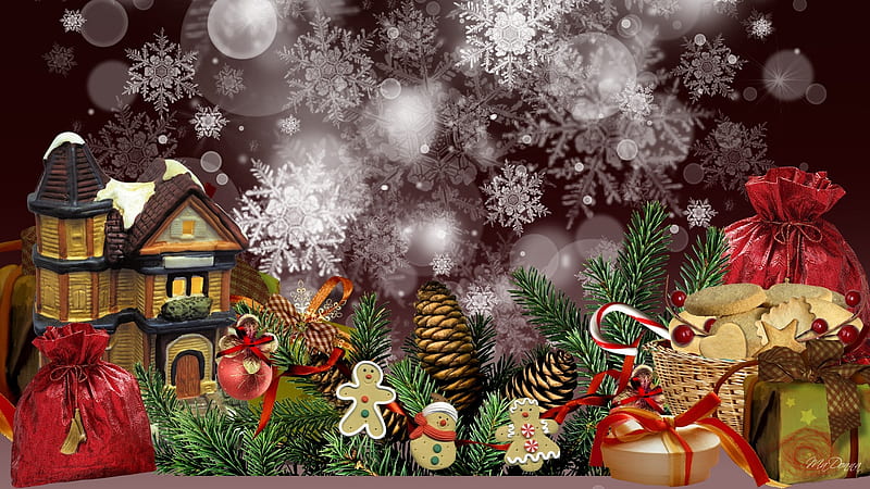 Holidays for Winter, gingerbread house, New Year, snowflakes, packages, presents, gifts, Christmas, me, cookies, hjoliday, HD wallpaper