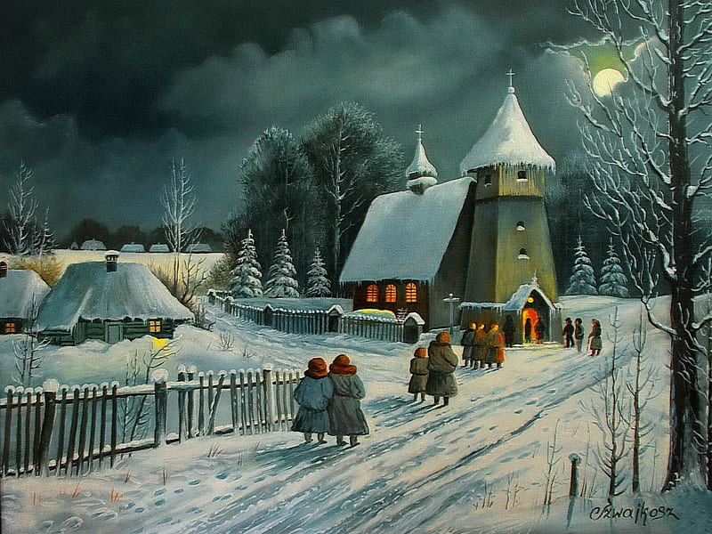 Winter church, art, silent, calmness, church, winter, countryside, serenity, snow, painting, path, moonlight, village, chapel, evening, night, HD wallpaper
