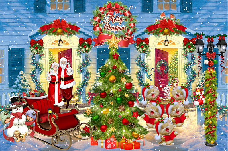 A Christmas Welcome, presents, cats, snowman, sleigh, mrs claus, Christmas, lights, tree, santa, snow, lamp post, HD wallpaper
