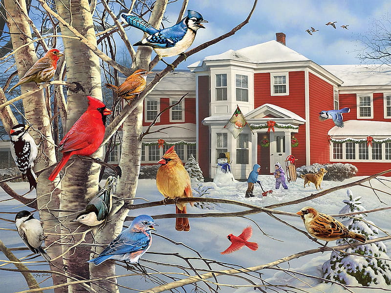 Winter Gathering, cardinals, chickadees, tree, snow, cottage, birds, sparrow, artwork, painting, HD wallpaper