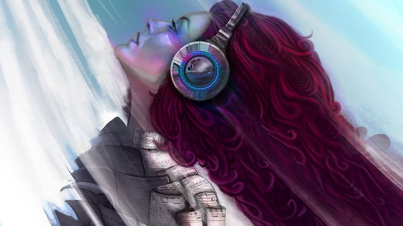 Immersed in Music, female, curly hair, headphones, music sheets, red hair, woman, HD wallpaper