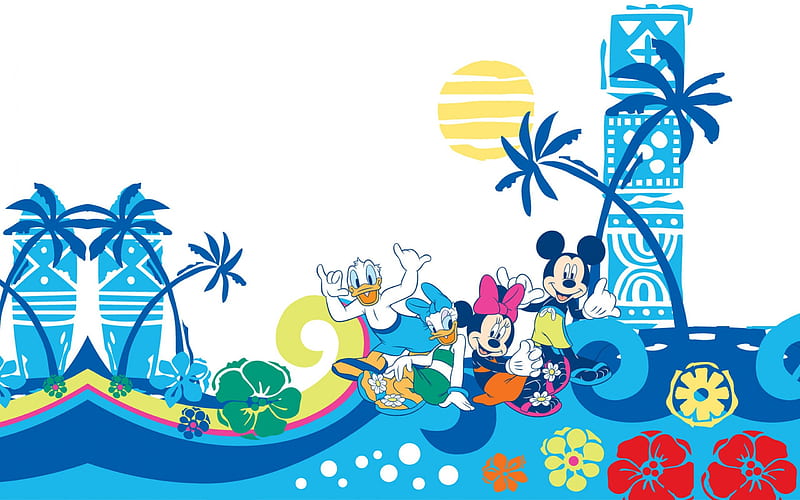 Aloha!!!, colorful, vacation, minnie mouse, Disney, sun, donald duck, daisy duck, fun, waves, mickey mouse, palm trees, summer, HD wallpaper