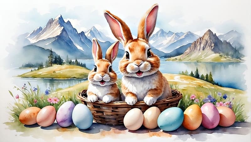Easter bunnies, tajkep, husveti tojas, termeszet, tojas, sokszinu, hegyek, husveti nyuszi, tavaszi, HD wallpaper