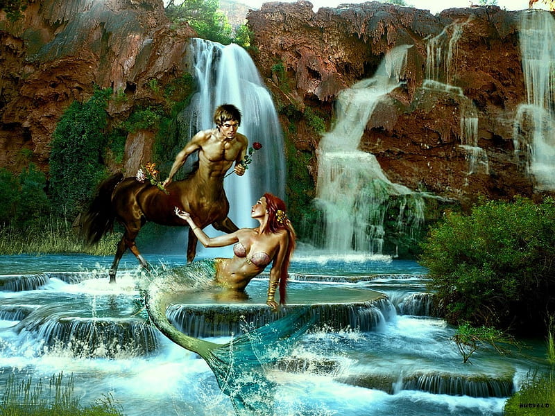 Fantastic couple, luminos, mermaid, man, fantasy, water, girl, summer, waterfall, couple, centaur, HD wallpaper