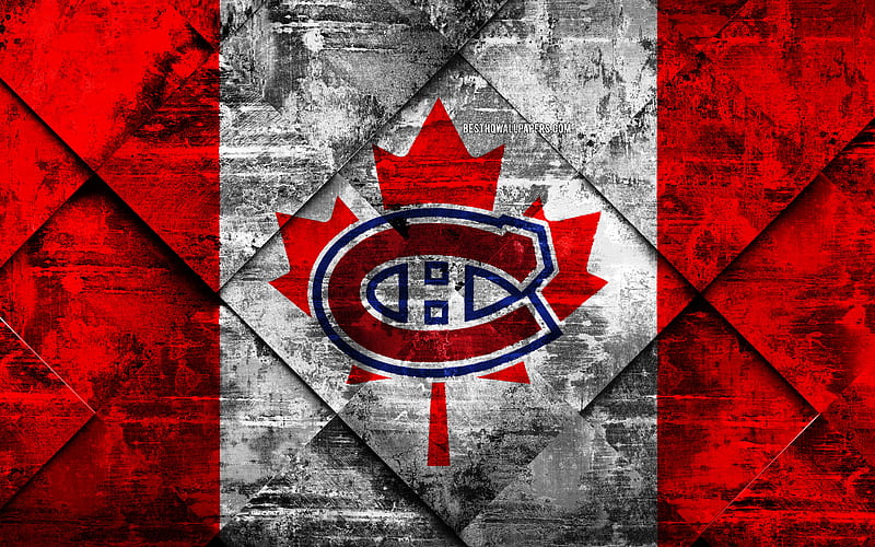 Montreal Canadiens Canadian hockey club, grunge art, rhombus grunge texture, American flag, NHL, Quebec, Montreal, Canada, USA, National Hockey League, Canadian flag, hockey, HD wallpaper