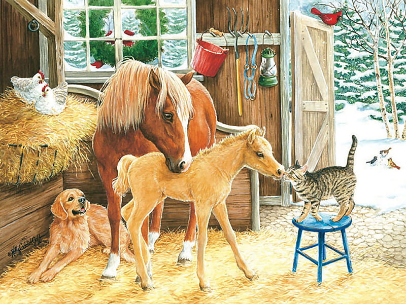 Making Friends F2, kathy goff, equine, manger, kathy caddick, friendship, painting, chickens, animals, art, kathy caddick goff, birds, horses, winter, goff, snow, nature, cats, dogs, HD wallpaper