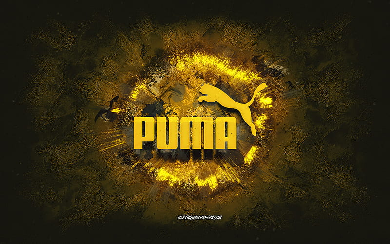 Puma logo, grunge art, yellow stone background, Puma yellow logo, Puma, creative art, yellow Puma grunge logo, HD wallpaper