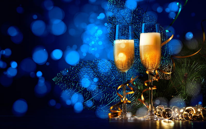 Christmas New Year, champagne, bells, christmas decorations, xmas, HD wallpaper