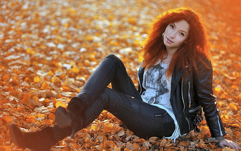 Autumn Auburn . ., autumn, boots, cowgirl, ranch, outdoors, leaves, redheads, style, western, HD wallpaper