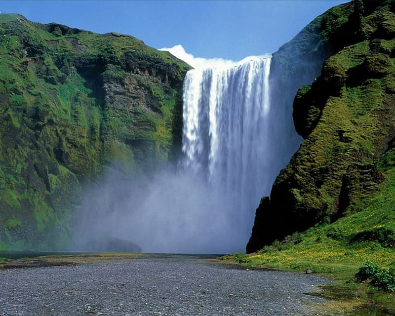Powerful Waterfall, water, green, waterfall, nature, trees, HD wallpaper