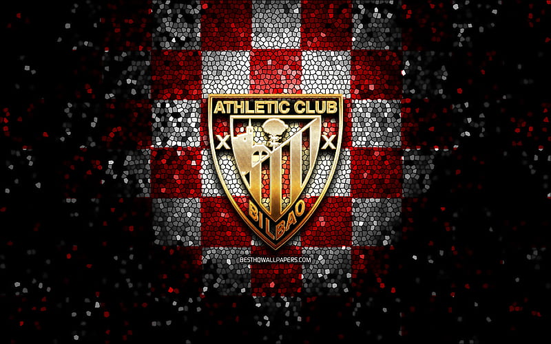 Athletic Bilbao FC, glitter logo, La Liga, red white checkered background, soccer, Athletic Bilbao, spanish football club, Athletic Bilbao logo, mosaic art, football, LaLiga, Spain, HD wallpaper
