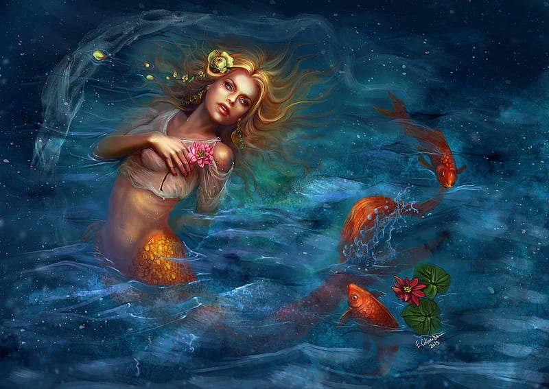 Mermaid, red, fish, orange, luminos, peste, elizavetas, sea, fantasy, water, vara, girl, blie, summer, siren, blue, HD wallpaper