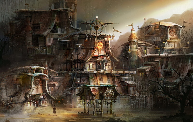 Steampunk Town, Abstract, Town, Steampunk, Fantasy, HD wallpaper | Peakpx