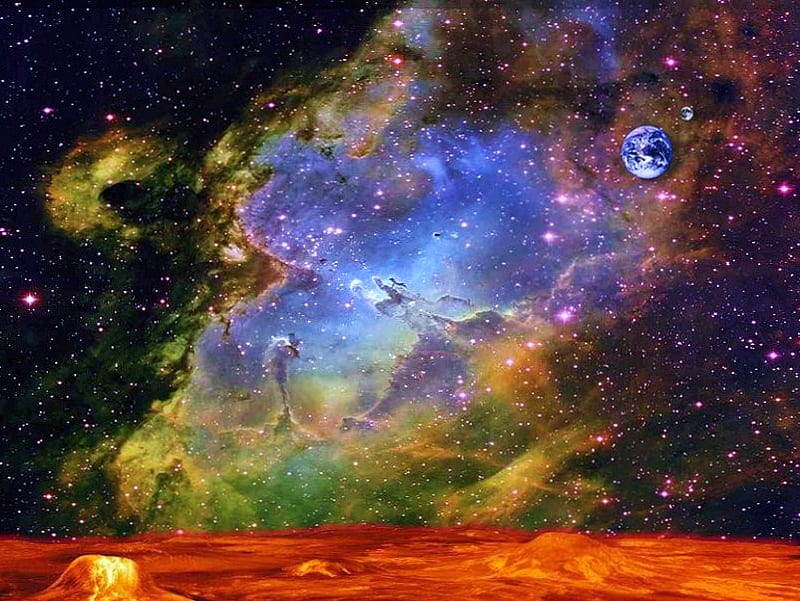 Nebula from Mars, stars, moon, mars surface, nebula, space, colors, earth, space beauty, HD wallpaper