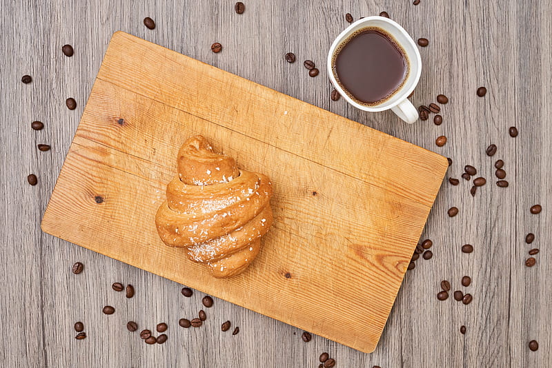 croissant, pastries, board, coffee, beans, breakfast, dessert, HD wallpaper