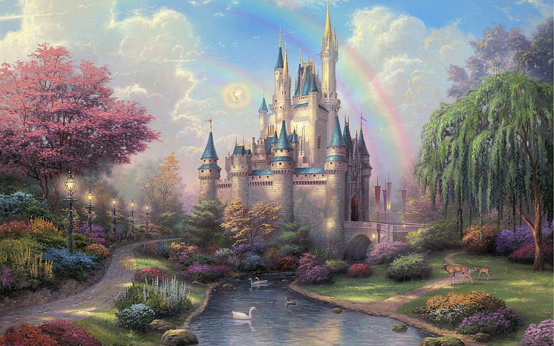 Disney world, art, luminos, thomas kinkade, water, painting, pictura, castle, fairy, HD wallpaper