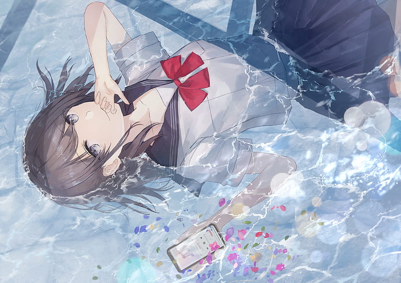 anime girl, lying down, water, school uniform, brown hair, Anime, HD wallpaper