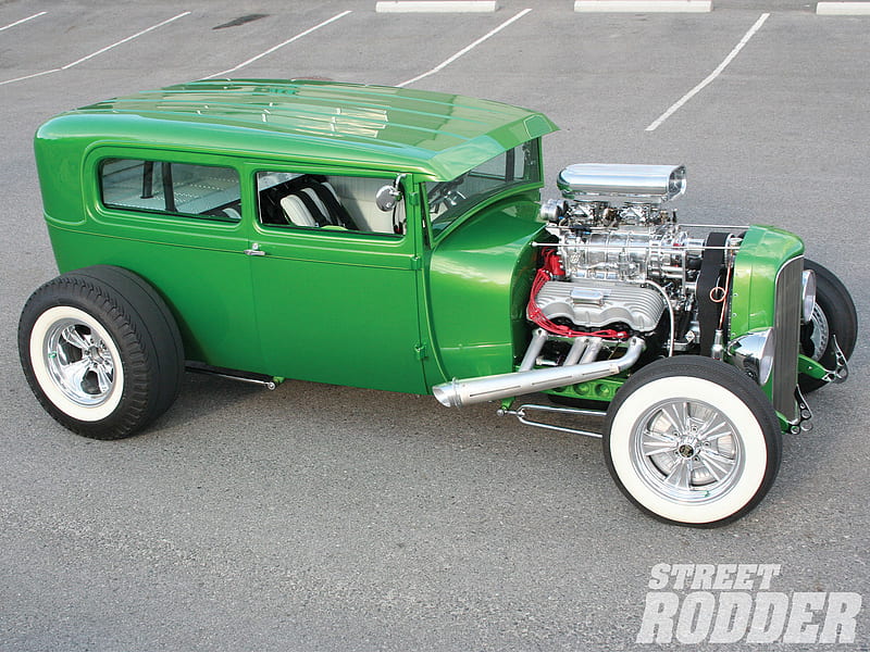 Model A Sedan, white walls, hot rod, pipes, green, HD wallpaper