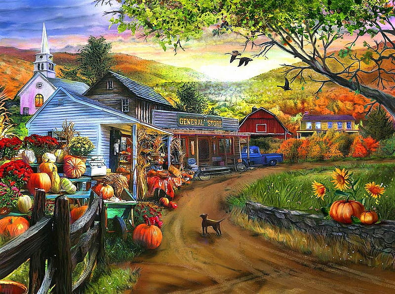 Just Around the Corner, houses, flowers, village, church, trees, pumpkins, dog, autumn, car, painting, HD wallpaper