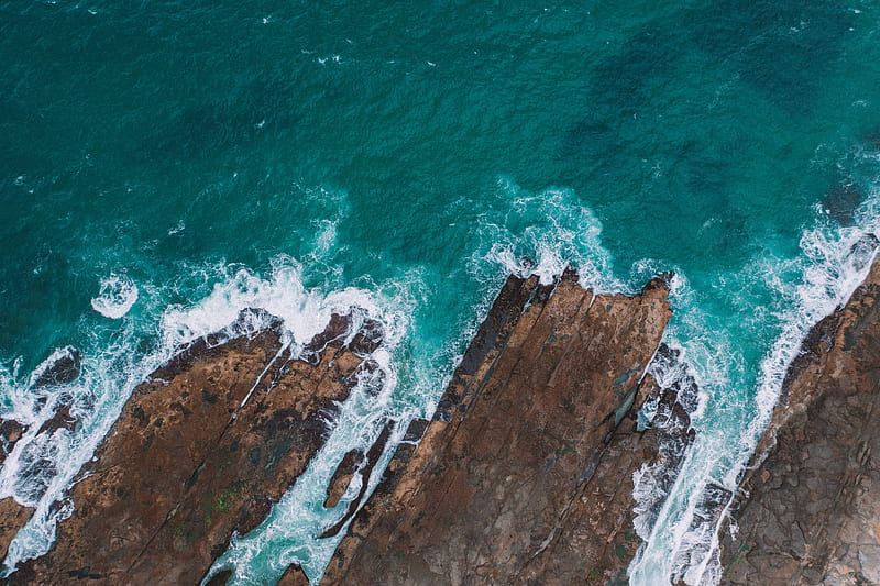 sea, rocks, aerial view, coast, water, HD wallpaper