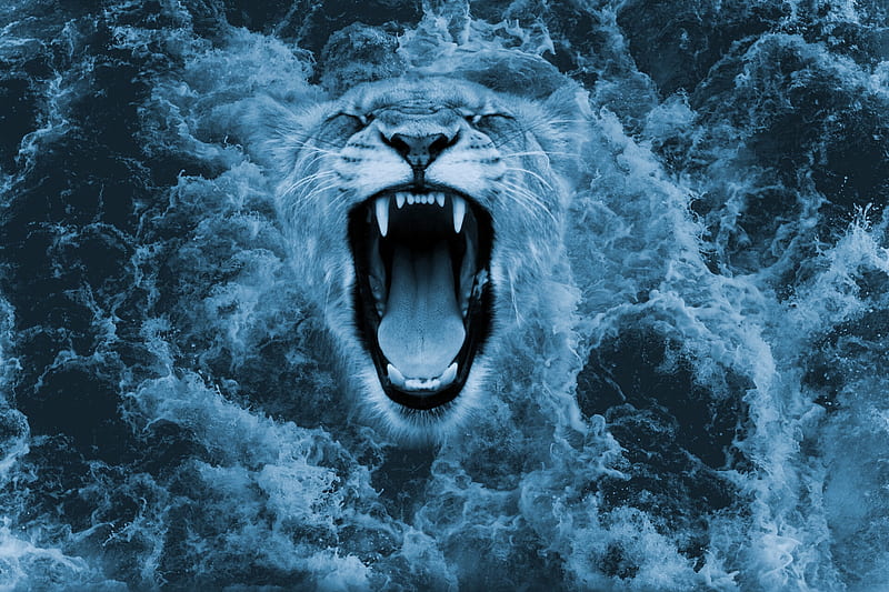 Storm rage by Kanika Shrivastava, water, fantasy, luminos, lion, wave, sea, blue, leu, kanika shrivastava, lioness, HD wallpaper
