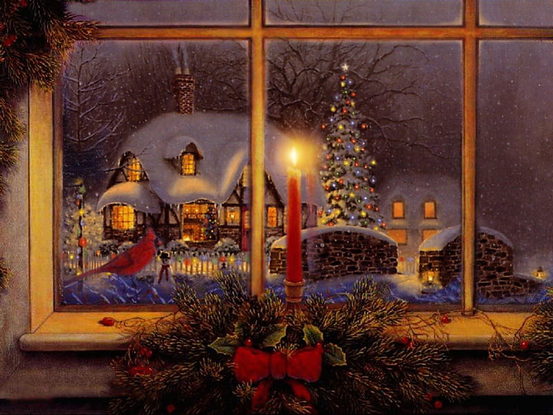 Christmas window, candle, christmas, cottage, night, HD wallpaper
