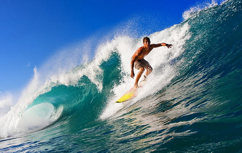 Surfing in Waikiki Hawaii, young man, pacific ocean, majestic, waves, surfing, HD wallpaper