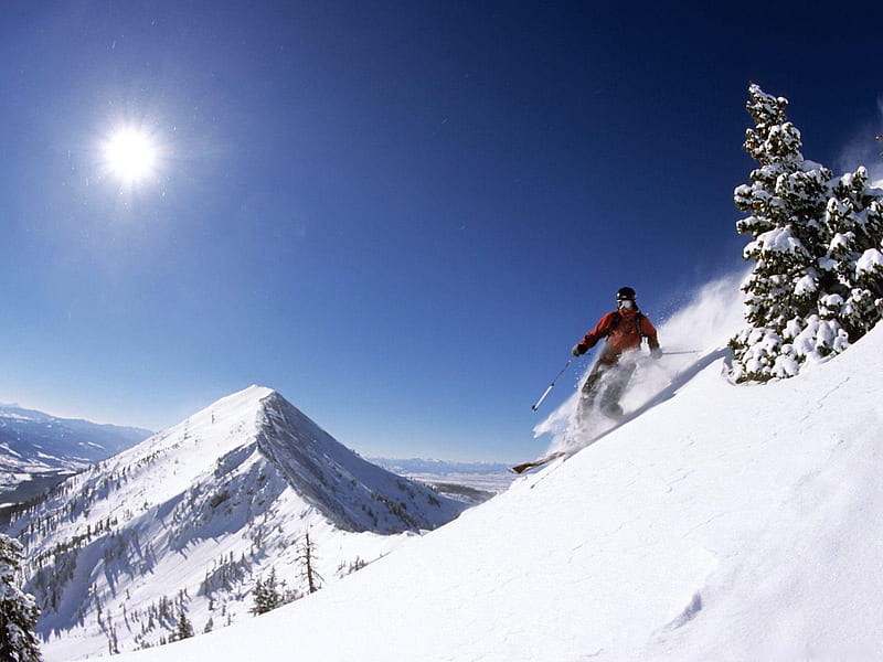 Sliding Skier, skiing, snow, winter, mountains, HD wallpaper