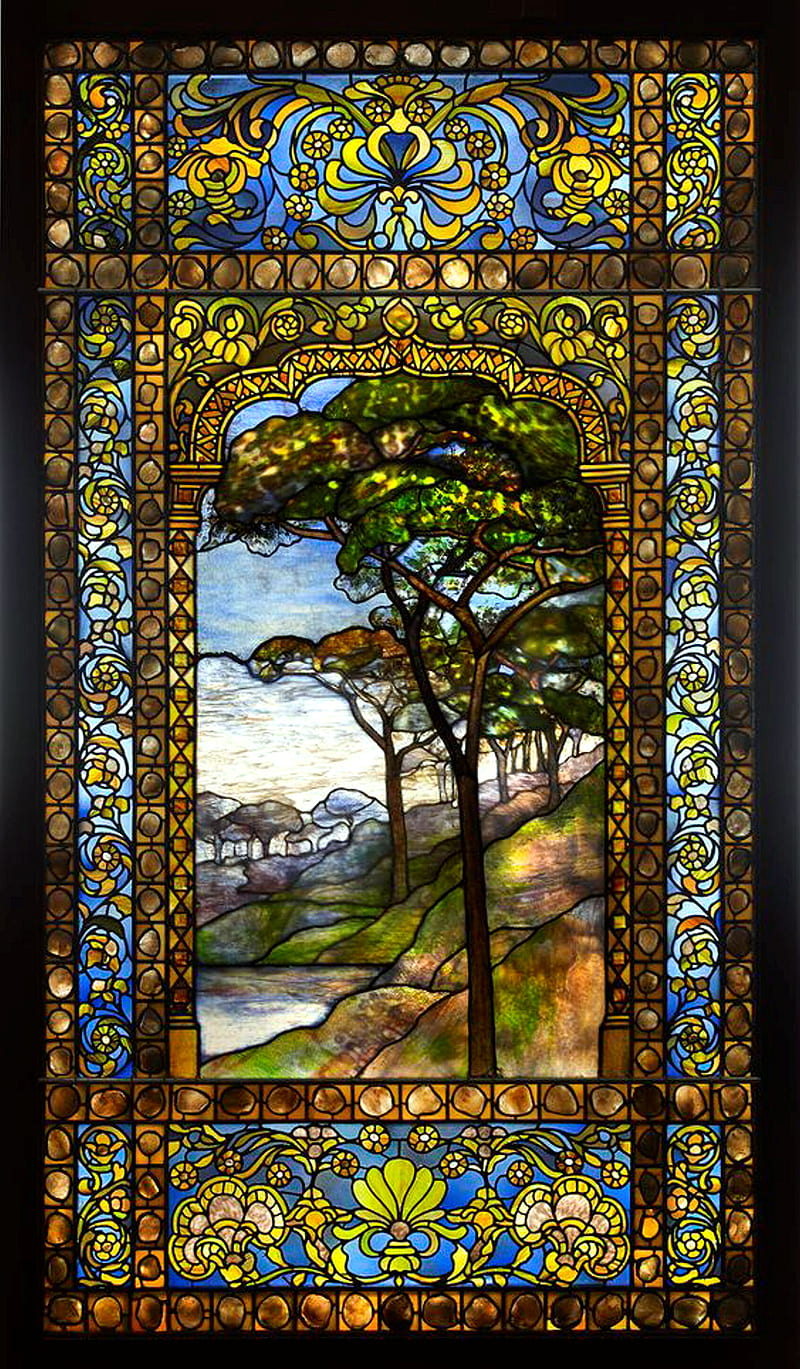 Stained Glass, glass, background, tree, hills, flowers, colourful, HD phone  wallpaper | Peakpx