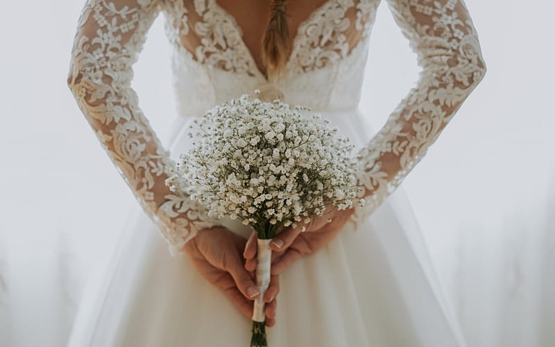 Bride, wedding, white wedding bouquet, wedding dress, HD wallpaper