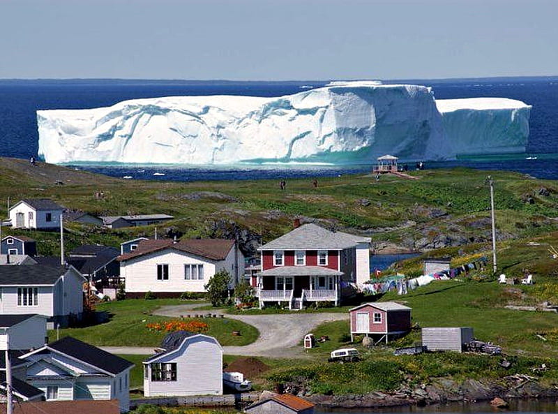 Iceberg passing near Newfoundland, Houses, Iceberg, Newfoundland, Atlantic Ocean, HD wallpaper