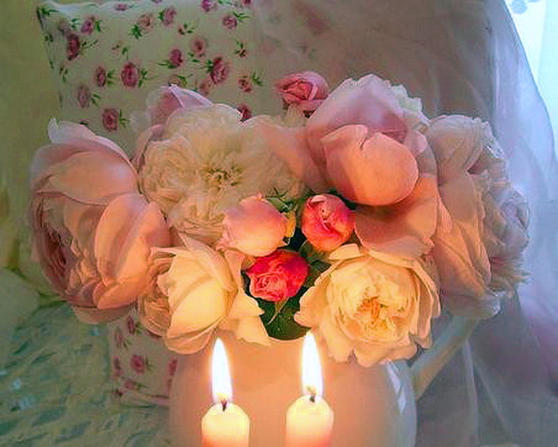 By candlelight, candls, glow, flames, flowers, vase, white, pink, peonies, HD wallpaper
