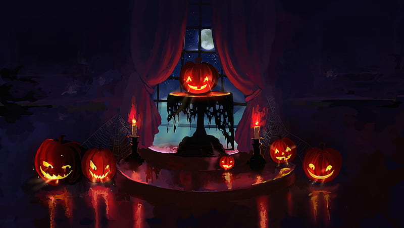 pumpkin, halloween, art, candles, night, HD wallpaper