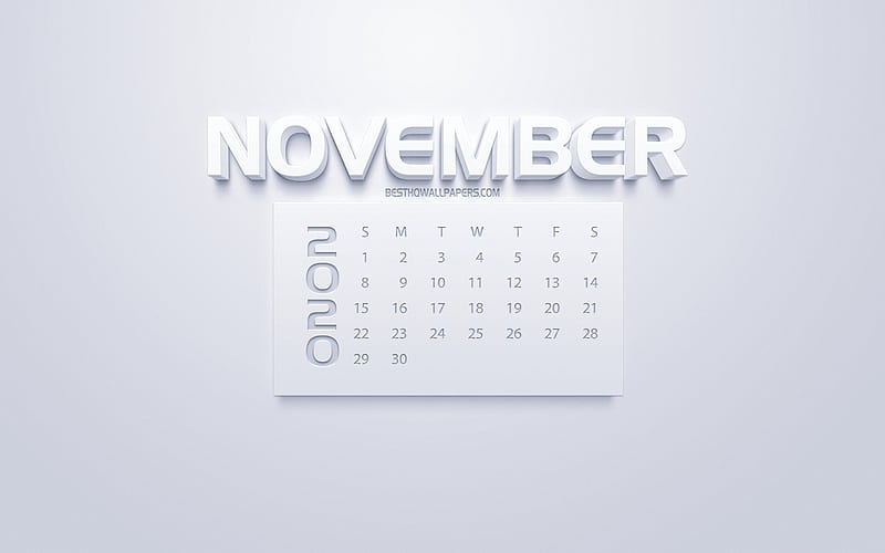 2020 November Calendar, 3d white art, white background, 2020 calendars, November 2020 calendar, autumn 2020 calendars, November, HD wallpaper