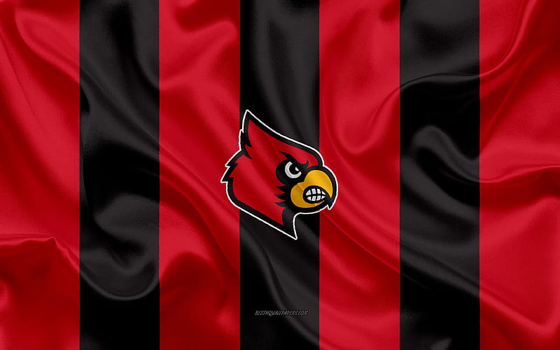 Louisville Cardinals, American football team, emblem, silk flag, red-black silk texture, NCAA, Louisville Cardinals logo, Louisville, Kentucky, USA, American football, HD wallpaper