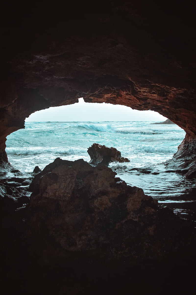 cave, rock, waves, sea, HD phone wallpaper
