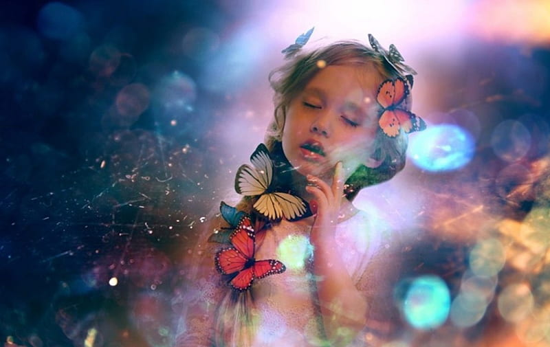 Butterfly Girl, colorful background, small girl, closed eyes, colorful butterfly, child, HD wallpaper