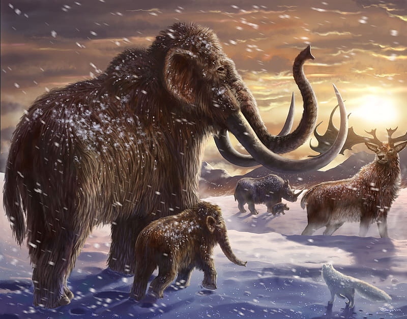 Ice Age, fantasy, snow, elephant, prehistoric, iarna, winter, animal, HD wallpaper