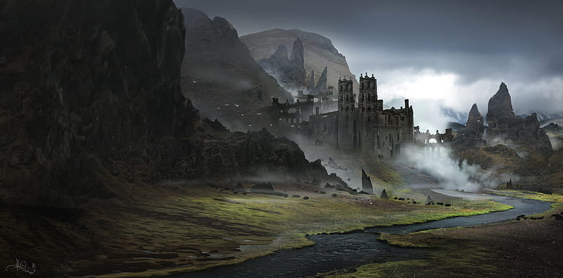 castle, medieval, field, mountains, scenic, mist, stream, Fantasy, HD wallpaper