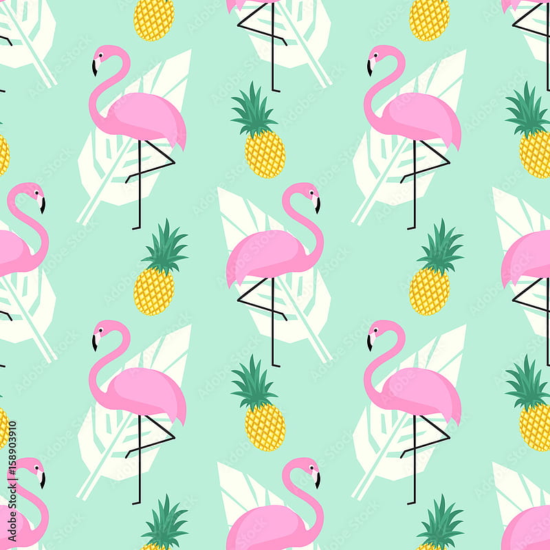 Tropical trendy seamless pattern with pink flamingos, pineapples and palm leaves on mint green background. Exotic Hawaii art background. Design for fabric, , textile and decor. Stock Vector, HD phone wallpaper