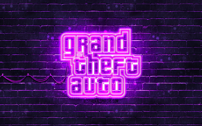 GTA violet logo violet brickwall, Grand Theft Auto, GTA logo, GTA neon logo, GTA, Grand Theft Auto logo, HD wallpaper