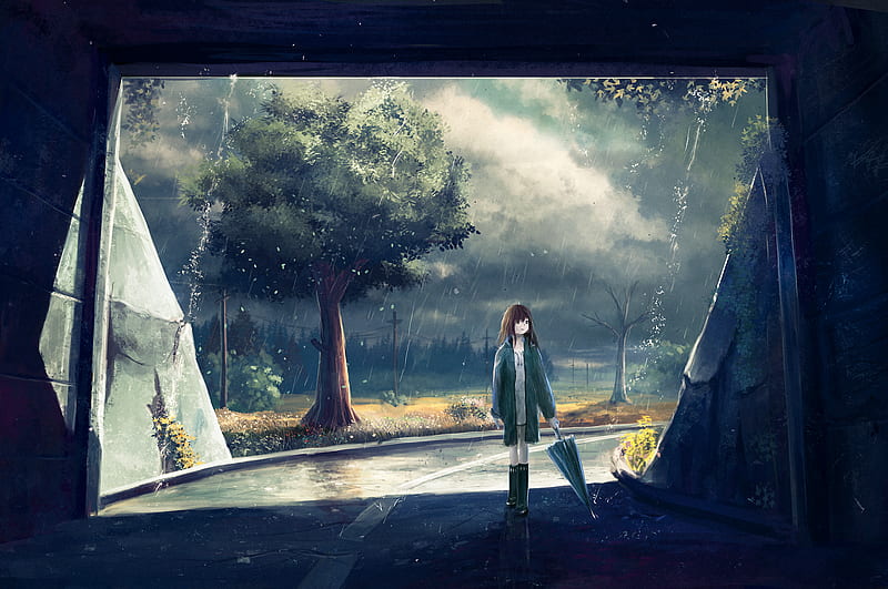 Anime, Original, Cloud, Girl, rain, Tree, Tunnel, Umbrella, HD wallpaper