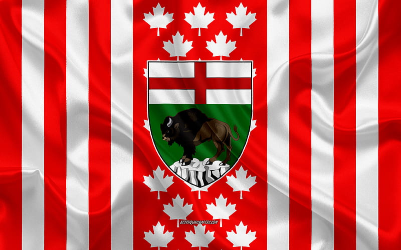 Coat of arms of Manitoba, Canadian flag, silk texture, Manitoba, Canada, Seal of Manitoba, Canadian national symbols, HD wallpaper