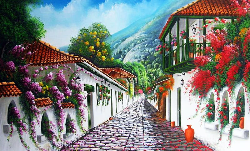 Village Road, mountains, houses, painting, cobblestone, flowers, artwork, HD wallpaper