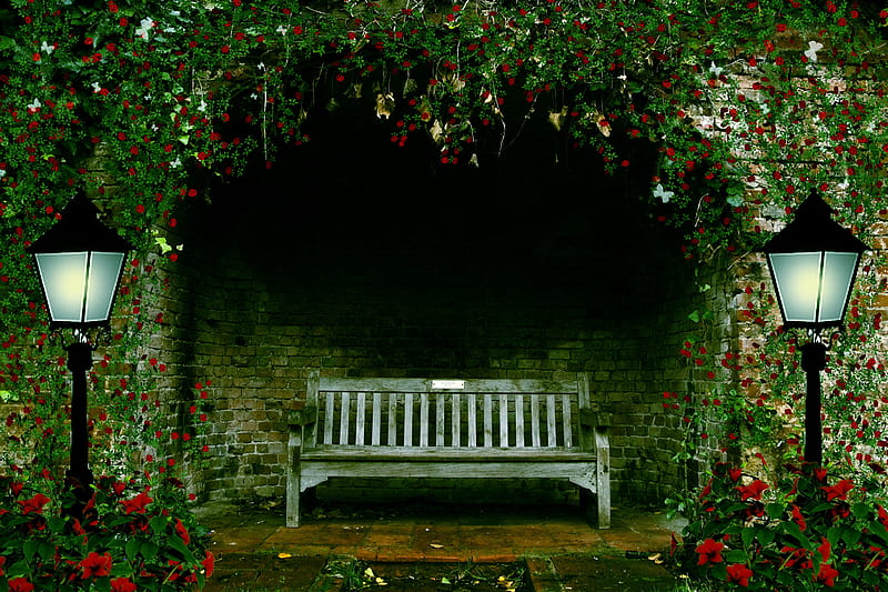 ✰.SPLENDID of GARDEN.✰, pretty, wonderful, fantasy, splendor, grasses, love, flowers, resources, lovely, romance, premade, trees, cool, flying, garden, electricity post, colorful, splendid, bonito, atmosphere, leaves, stock , magnificent, light, gorgeous, animals, night, amazing, romantic, bench, colors, butterflies, roses, magical, backgrounds, nature, ivy, HD wallpaper