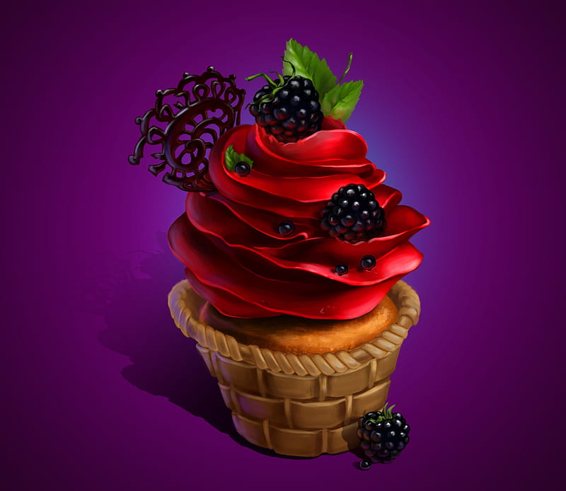Carmen cupcake, cupcake, red, fruit, carmen, food, purple, dar khmelewska, sweet, dessert, HD wallpaper