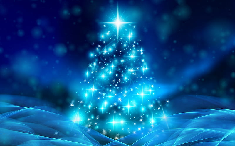 Blue Christmas tree abstract art, winter, New Year tree, Neon Christmas tree, Happy New Year, xmas, Christmas, HD wallpaper