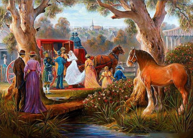 Carriage-Marriage, people, painting, trees, coach, artwork, horses, HD wallpaper
