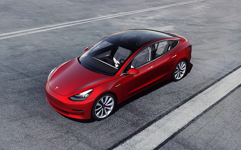 Tesla Model 3, 2018, top view, new red Model 3, electric car, american cars, Tesla, HD wallpaper